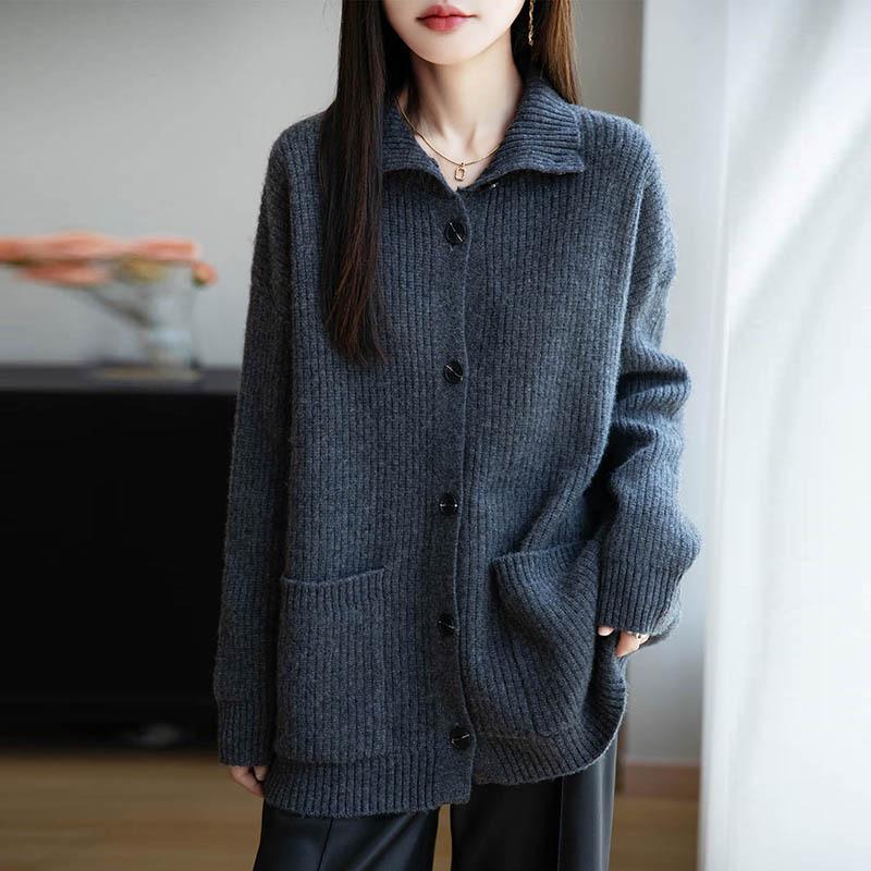 Women's Korean Style Wool Cardigan: Autumn/Winter Half-High Neck Button-Up Knit Sweater