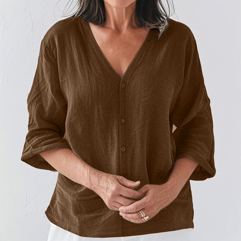 Модный женский повседневный кардиган из хлопка и льна с V-образным вырезом и рукавом три четверти