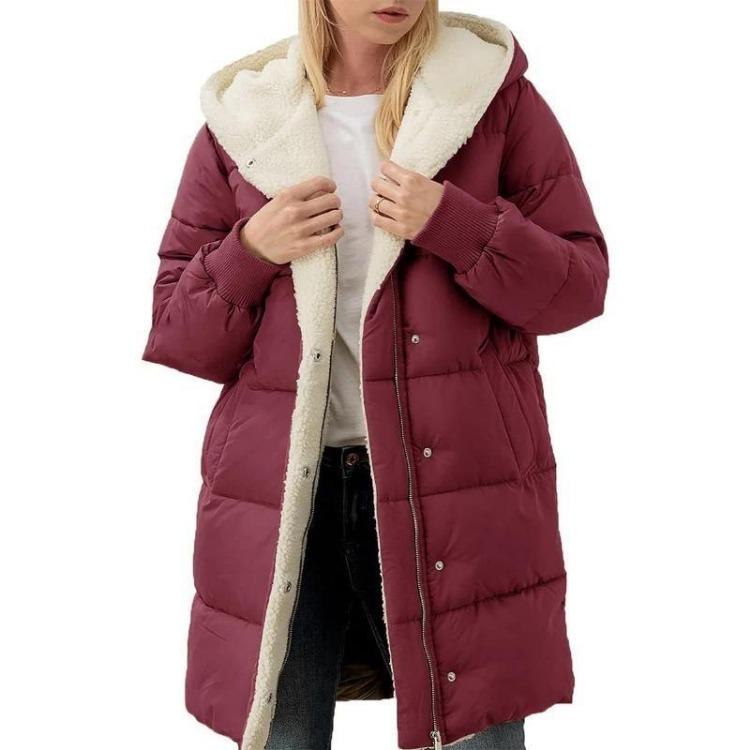 Windproof Winter Women Coat with Thick Fleece Lining Hooded Down Jacket Zipper Cardigan