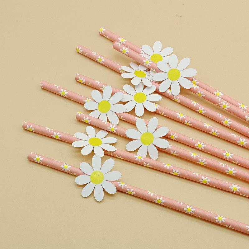 Creative Pink Daisy Party Straws with Decorative Card