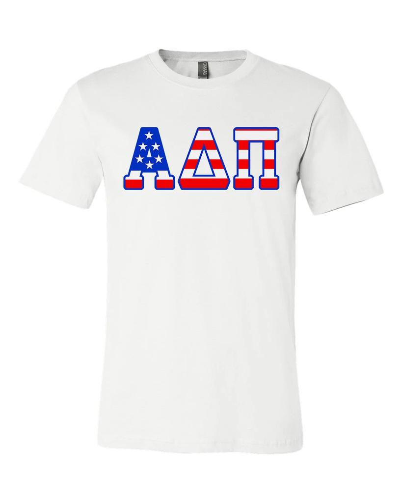 Alpha Delta Pi Bella + Canvas Футболка США Буквенный Топ ADPI Американский Флаг