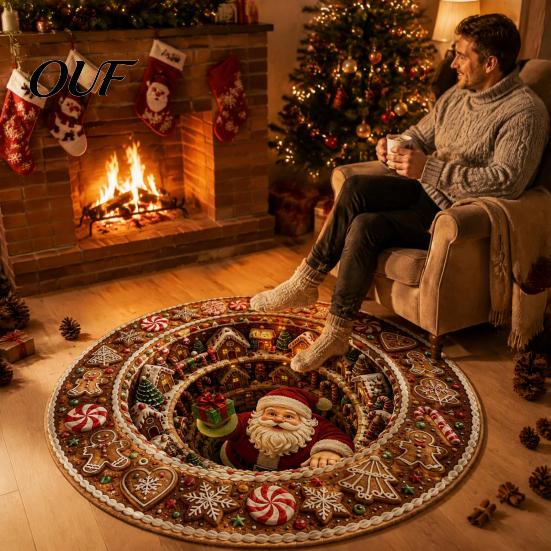 Christmas Party Supplies 3D Round Rug, Optical Illusion Area Santa Claus Deep Hole Floor Mat Prints, Non-slip Welcome Rug for Entrance Living