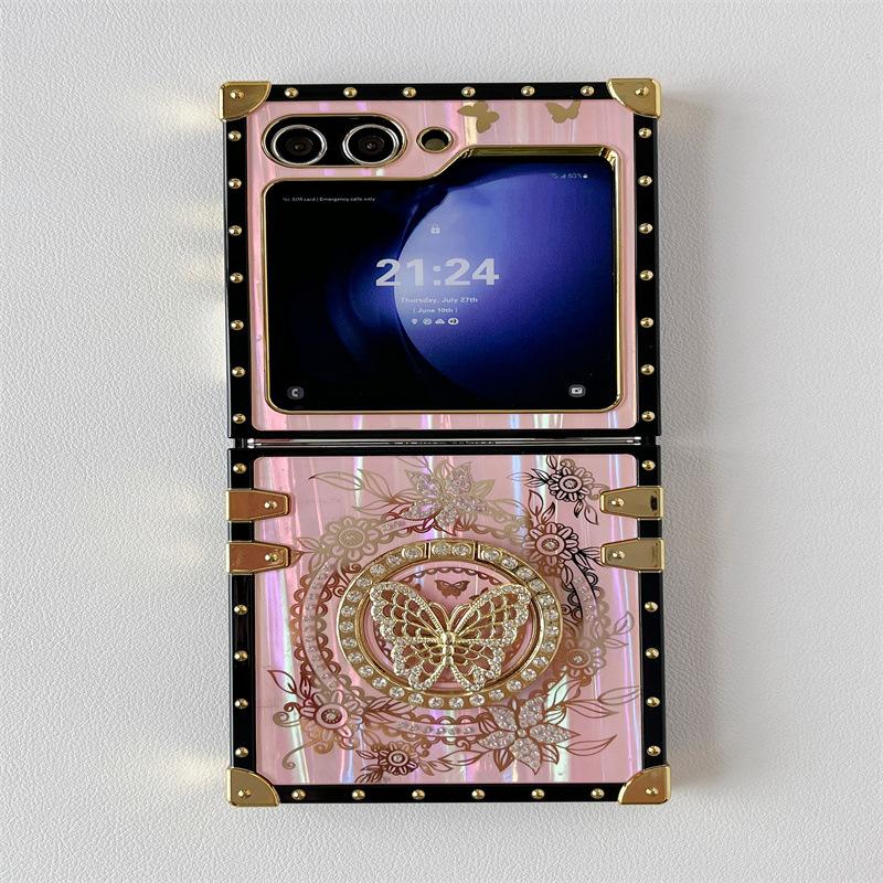 New Japanese and Korean Models Suitable for ZFLIP6 Samsung Laser Phone Case Aurora Butterfly Stand Rhinestone Flip5 Folding Shell