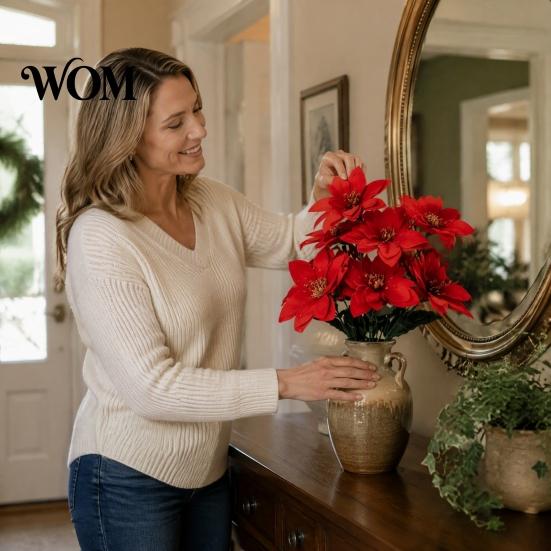 Maintenance Free Artificial Plant Decor Poinsettia Flowers, Christmas Red Bouquet with Berries, Faux Silk Vibrant Bunch for Home Floral Stems