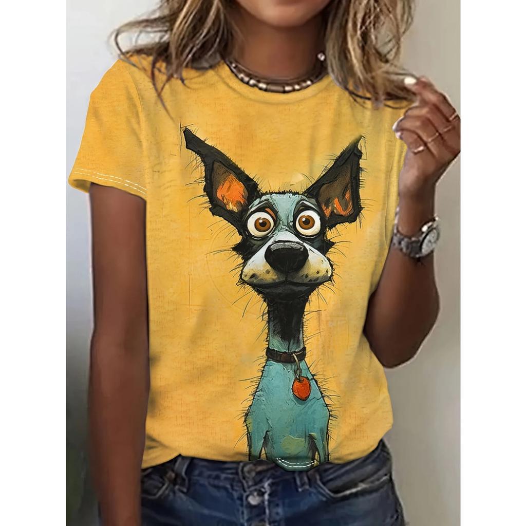 2025 Summer New Women's 3D Digital Printed T-shirt Creative Animal Pattern Round Neck Casual Short Sleeve Loose Fashion Top