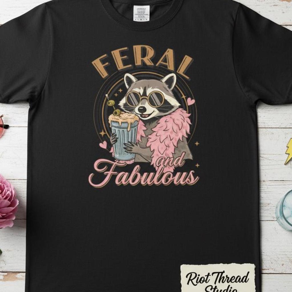 Feral and Fabulous T-Shirt – Comfort Colors 1717 Tee, Funny Raccoon Graphic, Retro Animal Humor Top, Sassy Trash Panda Gift