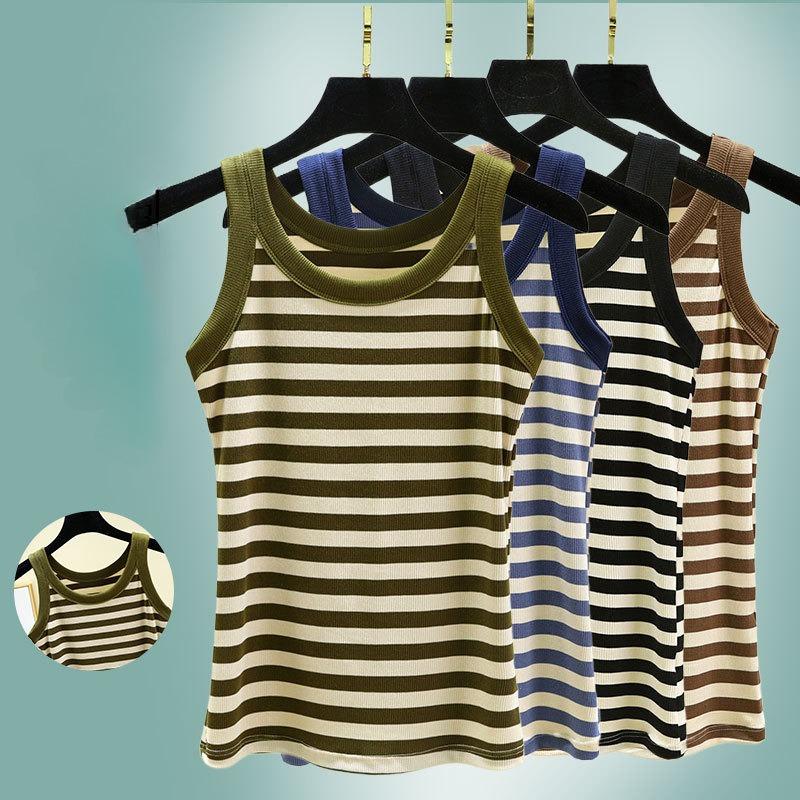 Повседневные женские облегающие майки с тонкими бретелями, модные майки без рукавов, свободные летние майки с круглым вырезом, полосатые майки