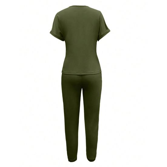 Женский спортивный костюм с коротким рукавом Yousheng, повседневный топ с круглым вырезом и джоггеры на шнурке с карманами, женский спортивный комплект из двух частей