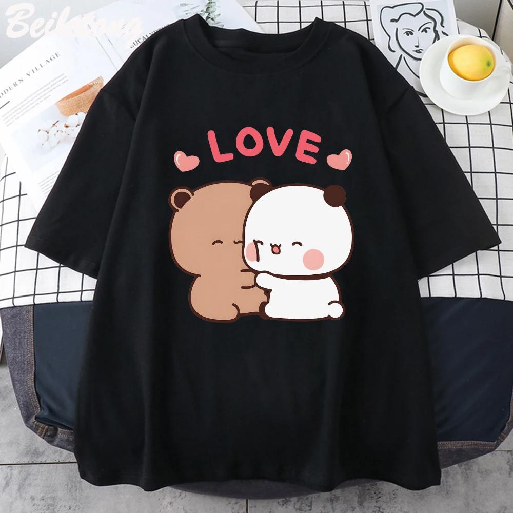 Panda Bear LOVE T Shirt Womens Bubu Dudu Couple Tops Short Sleeve Print Summer Aesthetic Korean Tees Harajuku Lady Casual Tops