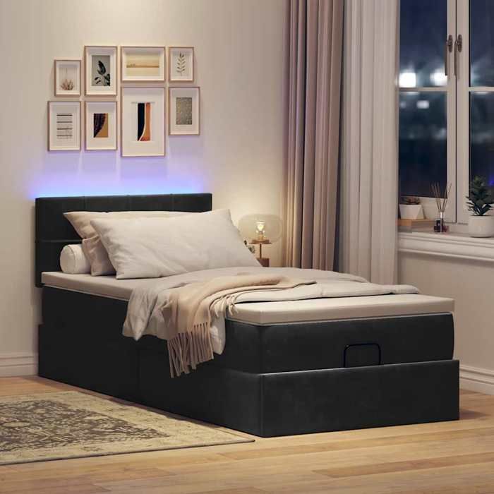 Lit ottoman - Maison Exclusive - 80x200cm - Velours noir - Avec matelas et LED intégrée