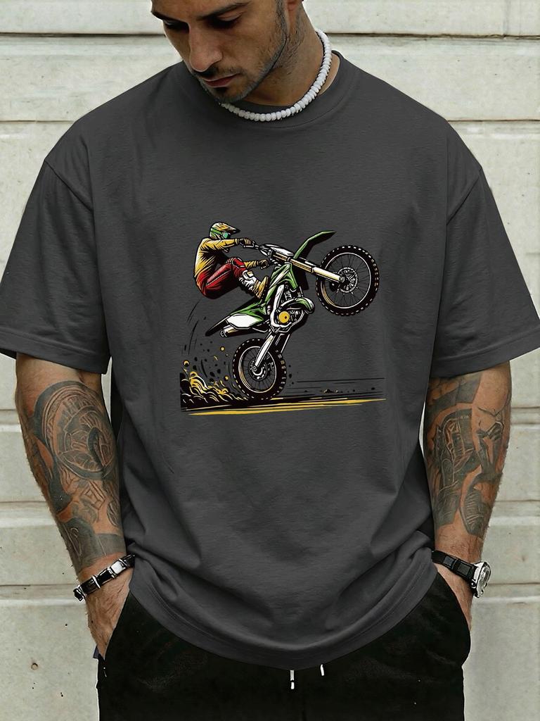 Unisex Crew Neck Tee Motocross Stunt Rider Bike Art Print Short Sleeve Oversized Male Daily Casual Soft Breathable Basic Wear Tee