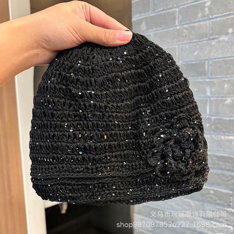Spring Flower Baotou Hat Spice Girl Hollow Breathable Cool Handmade Knitted Sleeve Cold Hat Sequined Wool Hat