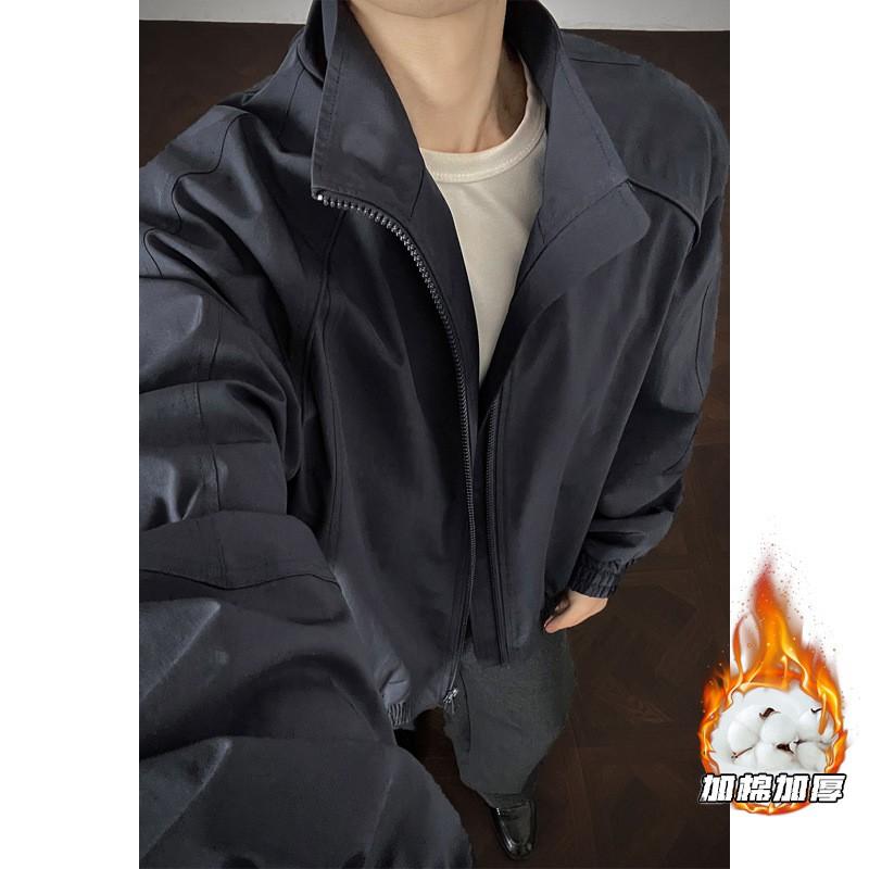 Mens Warm Thickened Cotton Padded Jacket 2026 Loose Fit Stand Collar Zipper Front Non-Hooded Oversized Outerwear Adults