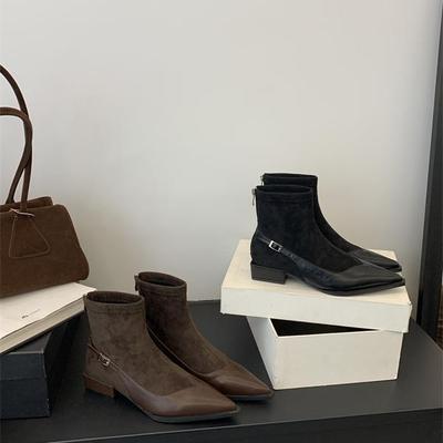 Остроносые сапоги короткие сапоги женские новые осенне-зимние женские сапоги 2024 года нишевые короткие сапоги на низком каблуке дизайн sense замшевые модные сапоги