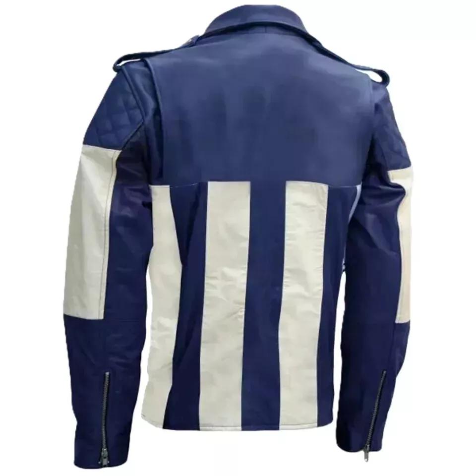 Мужская куртка белого и синего цвета из натуральной кожи ягненка, ручная работа, мотоциклетная, байкерская, стильная