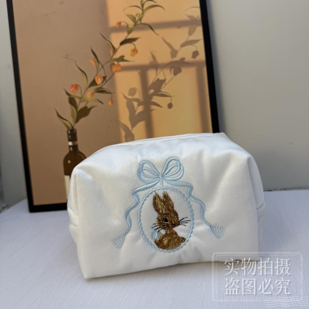 White Pink Zipper Closure Travel Toiletry Bag Women Girls Rabbit Cosmetic Bag Lace Bow Large Capacity Makeup Organizer