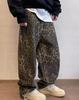 Unisex Tan Leopard Jeans Men Denim Pants Oversize Wide Leg Trousers Streetwear Hip Hop Vintage Loose Casual Animal Print