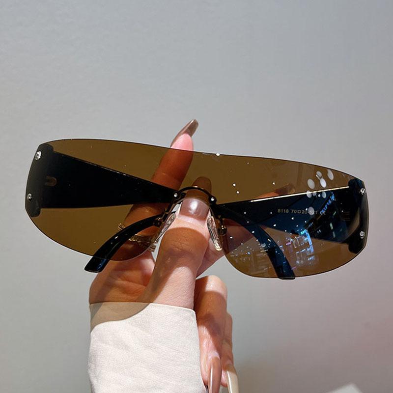 Солнцезащитные очки без оправы Дизайнерские брендовые Женские Мужские Цельные Трендовые Роскошные Солнцезащитные очки Заклепки Стимпанк Розовые Линзы Uv400