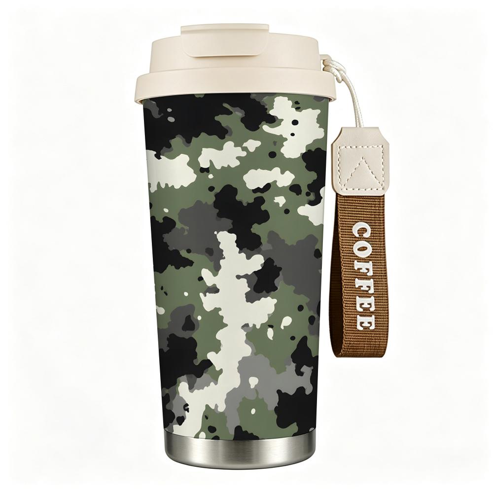 Green Camouflage Print Stainless Steel Insulated Coffee Tumbler Vacuum Travel Mug Leakproof Cup for Outdoor Camping Hiking