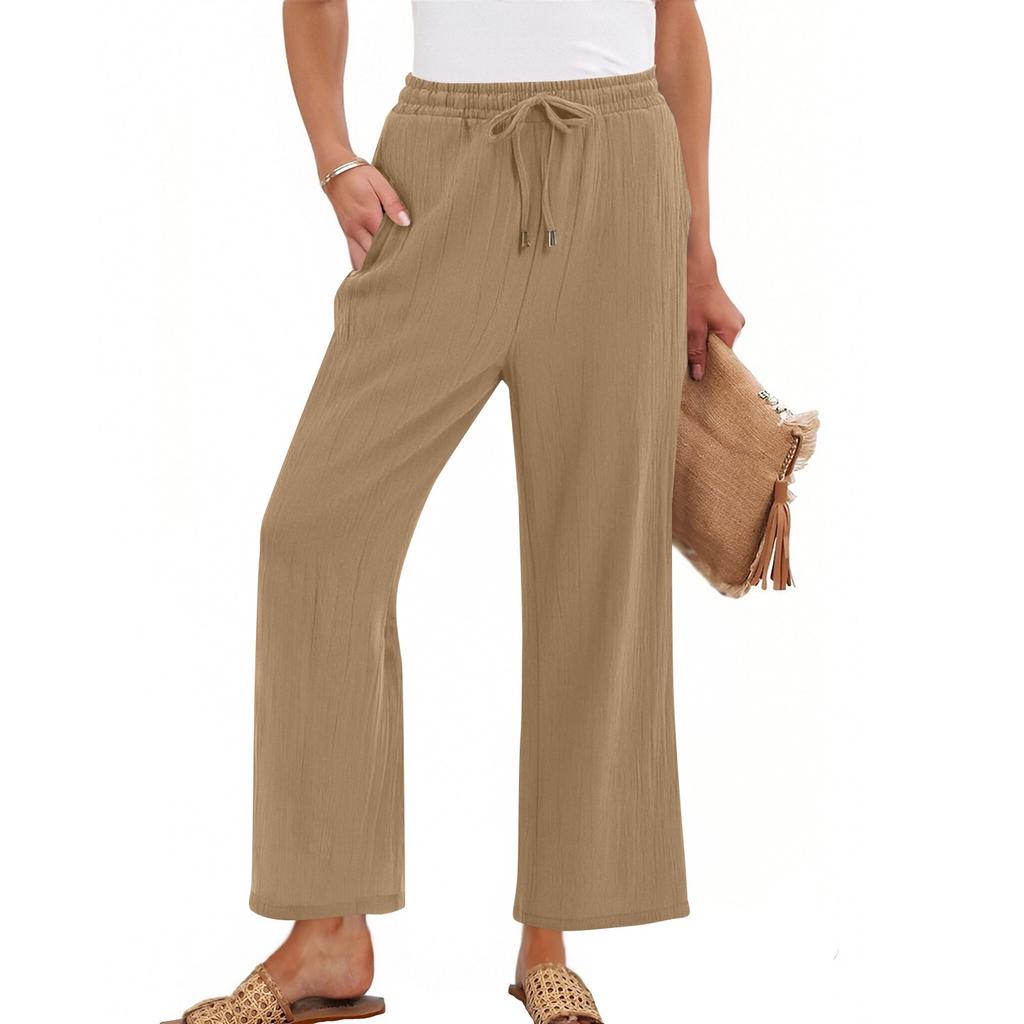 Women's High Waist Adjustable Knot Flowy Cotton And Linen Trousers Wide Leg Pants