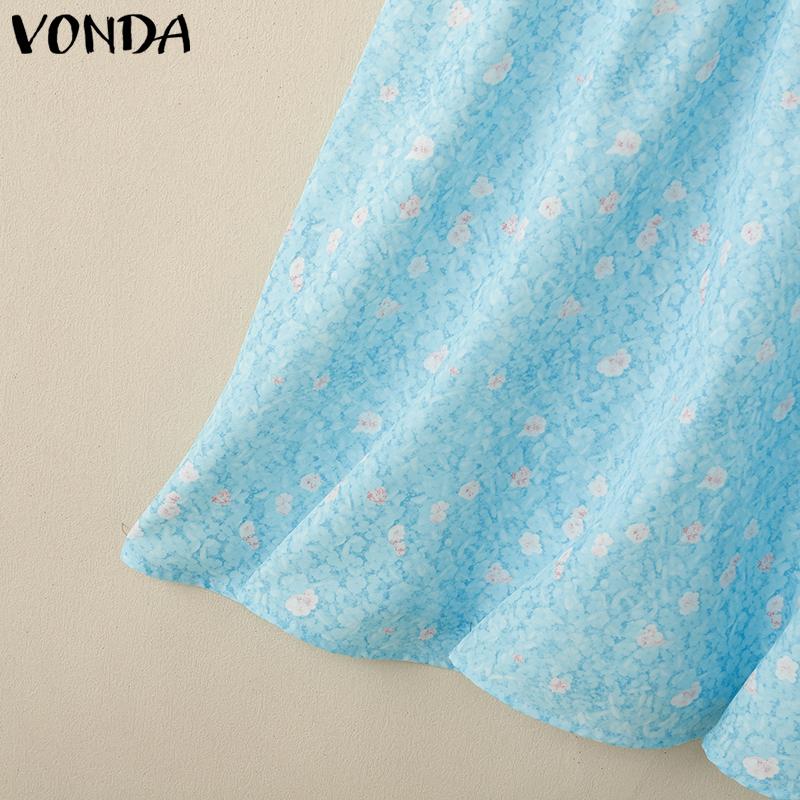 VONDA Женский летний сарафан с оборками и воротником-стойкой, коротким рукавом и цветочным принтом, повседневный, приталенный