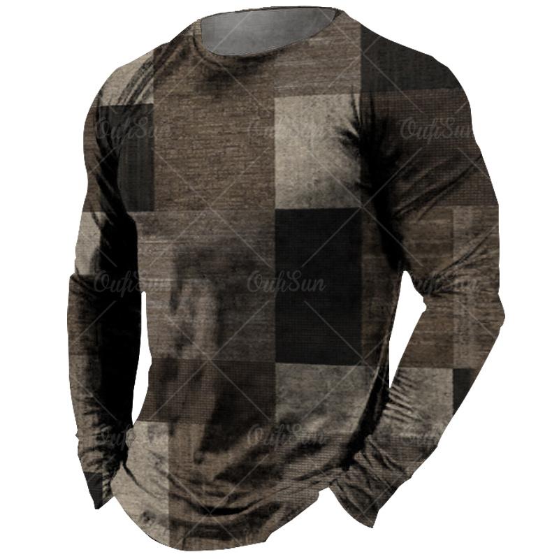 Винтажная мужская футболка с длинным рукавом, топы с клетчатым принтом, осенняя толстовка большого размера, мужская повседневная уличная одежда с круглым вырезом, мужская одежда