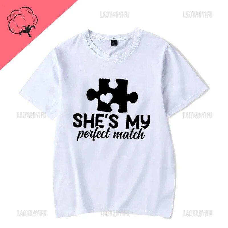 Couple T Shirt for Lovers Cotton Tee He's She's My Perfect Match Print T Shirts Unisex Summer Tops Anniversary Matching