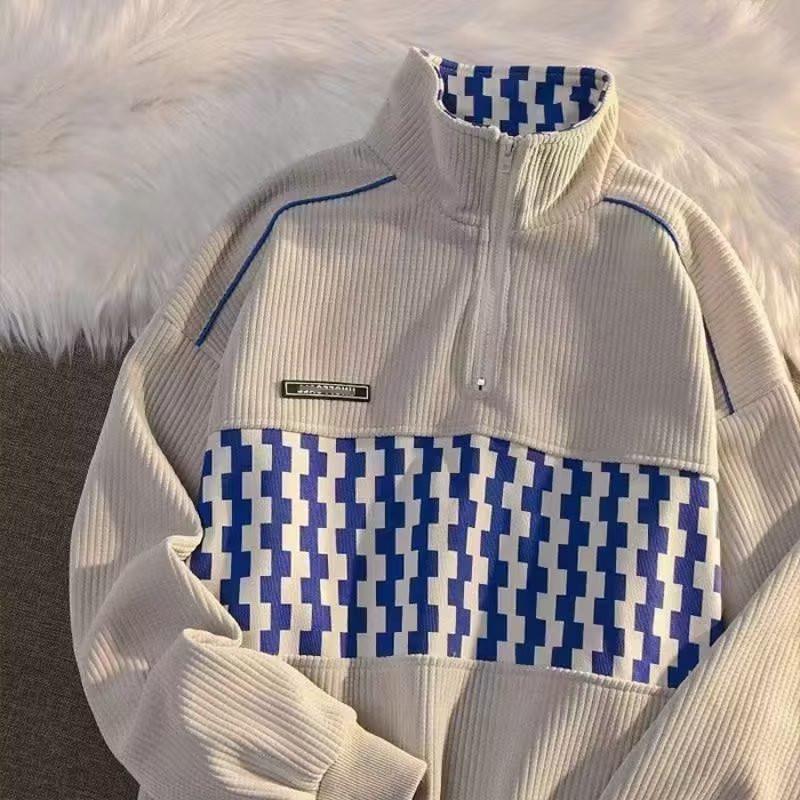 Мужская модная свободная вафельная толстовка с полумолнией и бархатной подкладкой для тепла осенью/зимой