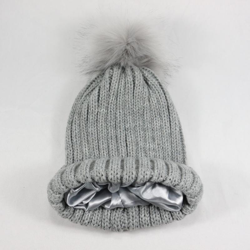 New Protective Hairstyle Silky Elastic Removable Hairball Satin Knitted Hat, Wool Hat, Ladies