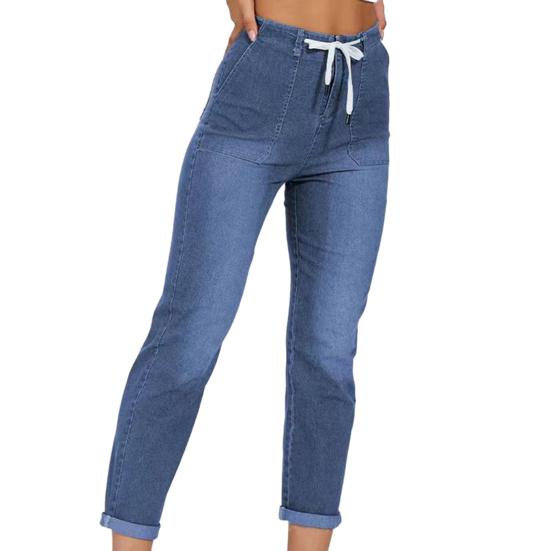 Women Autumn High Waist Denim Pants Zipper Fly Lace Up Pockets Slim Fit Elastic Jeans Straight Leg Pants Streetwear