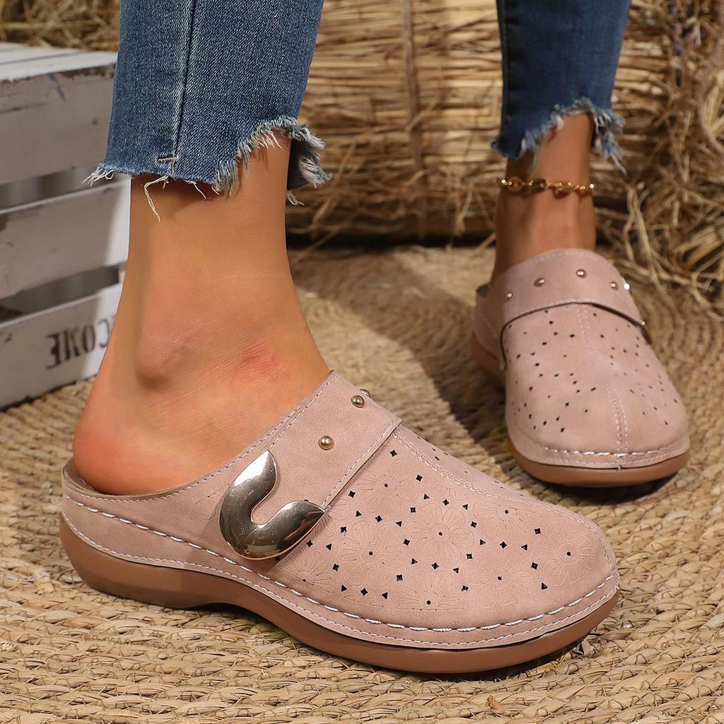 Foreign Trade Large Size 45 Bag Head Flat Bottom Casual Half Slippers Women's 2025 New Solid Color Wedge Metal Buckle Beach Slippers