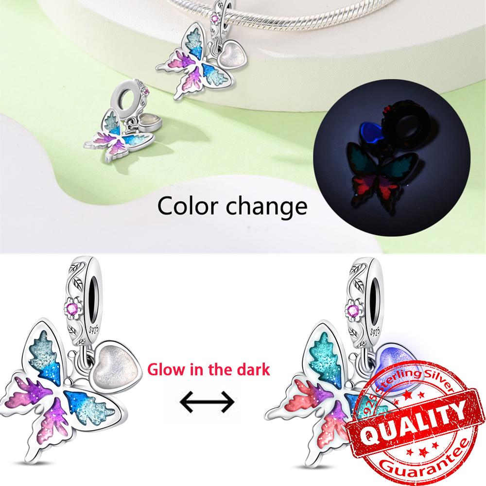 Original 925 Sterling copper Glow-in-the-dark Green Zircon Heart Butterfly & Spinning Ball Dangle Charm Fits Original Bracelet