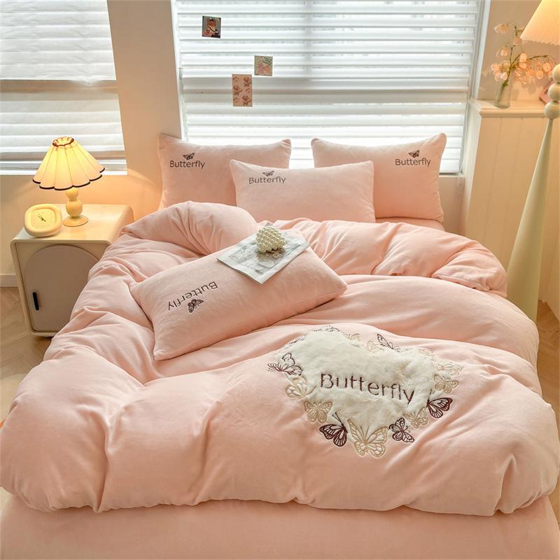 Winter milk fleece four-piece butterfly patch embroidery design new warm four-piece student dormitory available
