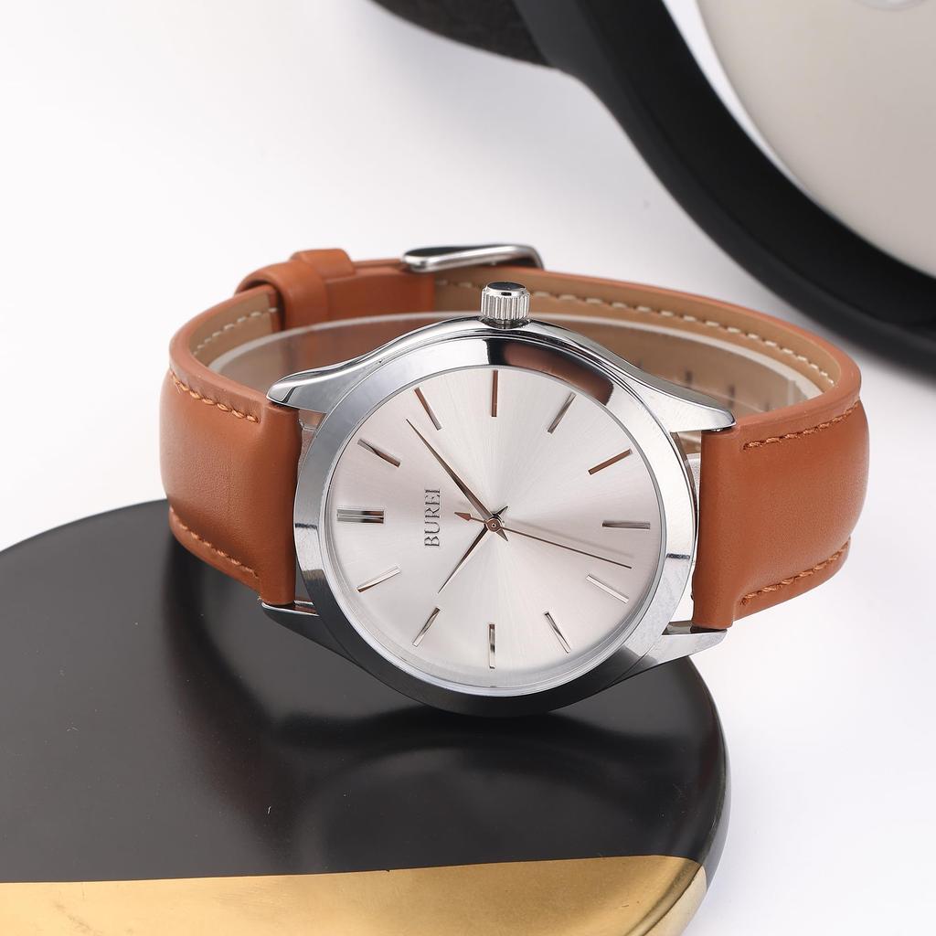 BUREI Мужские аналоговые кварцевые часы, Водонепроницаемые, Коричневый кожаный ремешок, Популярные, Тонкие, Простые, Стильные, Деловые, Повседневные, Мужские часы (Серебристый, Кожаный)