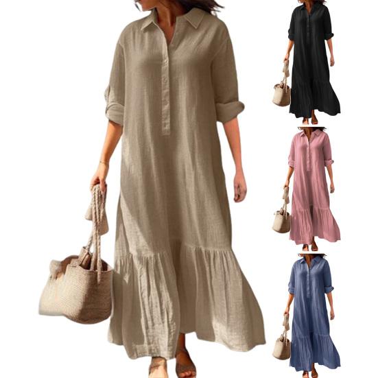 Женское хлопковое льняное платье-рубашка с длинным рукавом и V-образным вырезом на пуговицах, повседневное струящееся длинное платье больших размеров