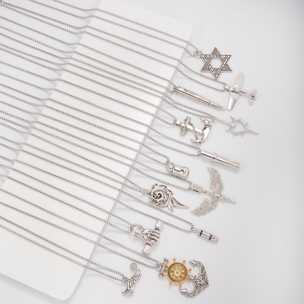 Versatile Clavicle Chain: Hip Hop Titanium Steel Necklace with 13 Pendant Styles + Square Pearl and Rhinestone Details