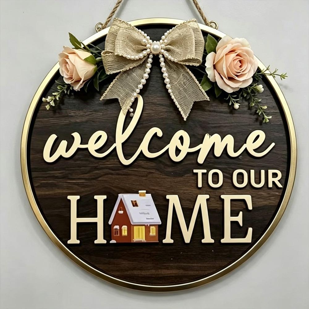 Warm Home Round Doorplate Retro Style Hanging Wooden Board New Wall Sign Front Door Decor