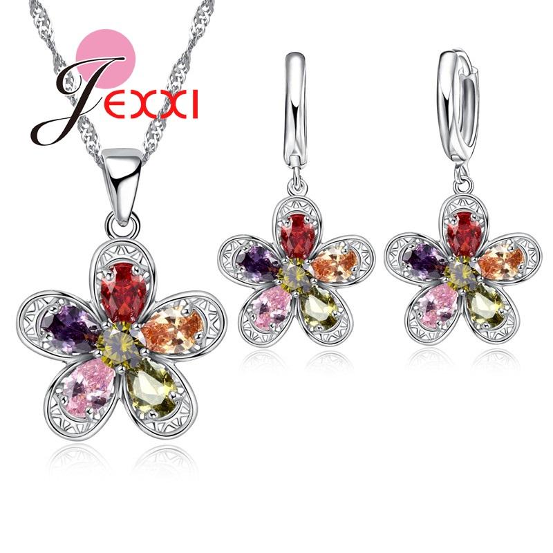 Luxury Women Sterling Silver Shiny Austrian Crystal Necklace Earrings Jewelry Sets Hollow Flower Engagement Accessory