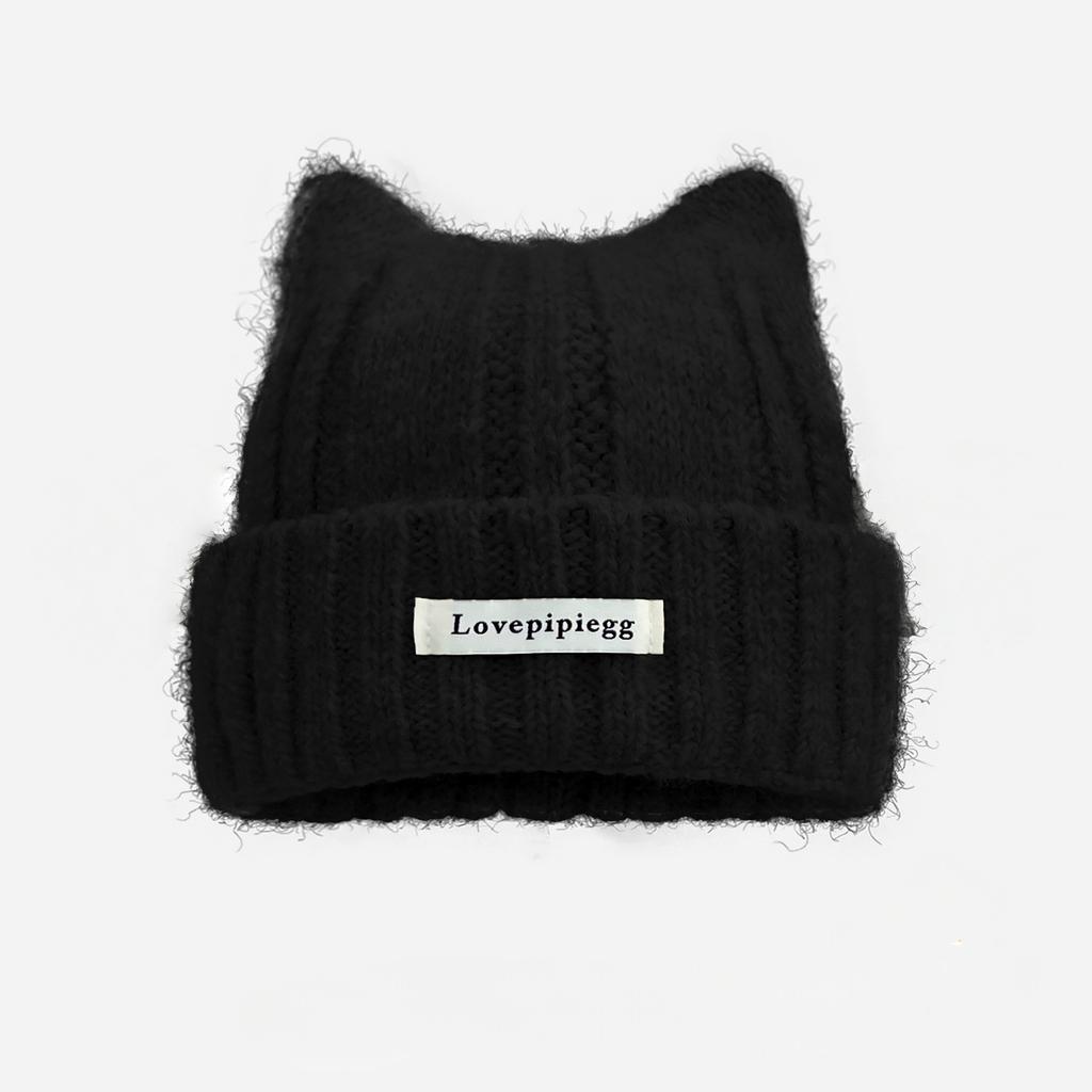 Cat ear knitted hat autumn and winter women's temperament warm wool hat big head circumference showing face small ear protection pullover hat