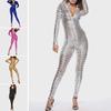 Women Mesh Hole Zipper Faux Patent Leather Tight Jumpsuit Nightclub Bodysuit