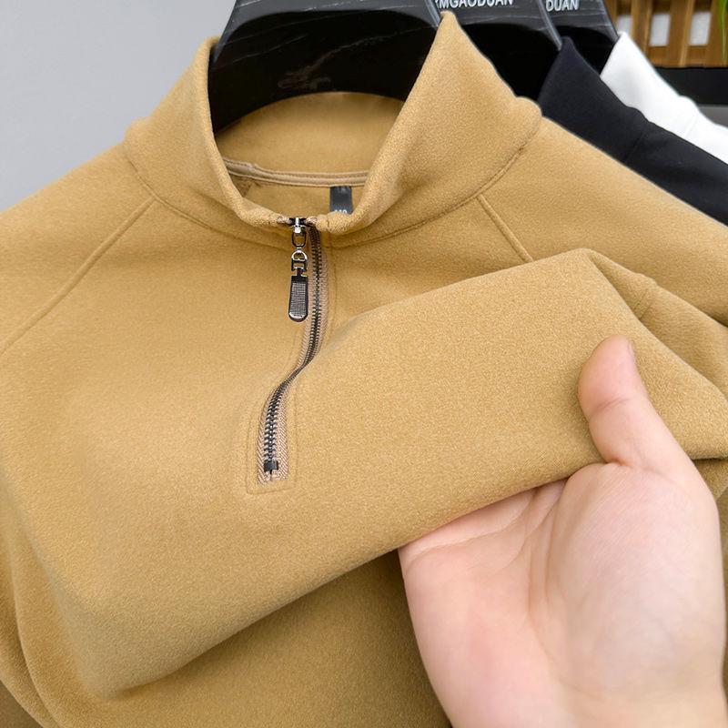 Мужской осенне-зимний вельветовый свитшот с длинным рукавом и молнией до середины груди - однотонный, теплый, универсальный топ
