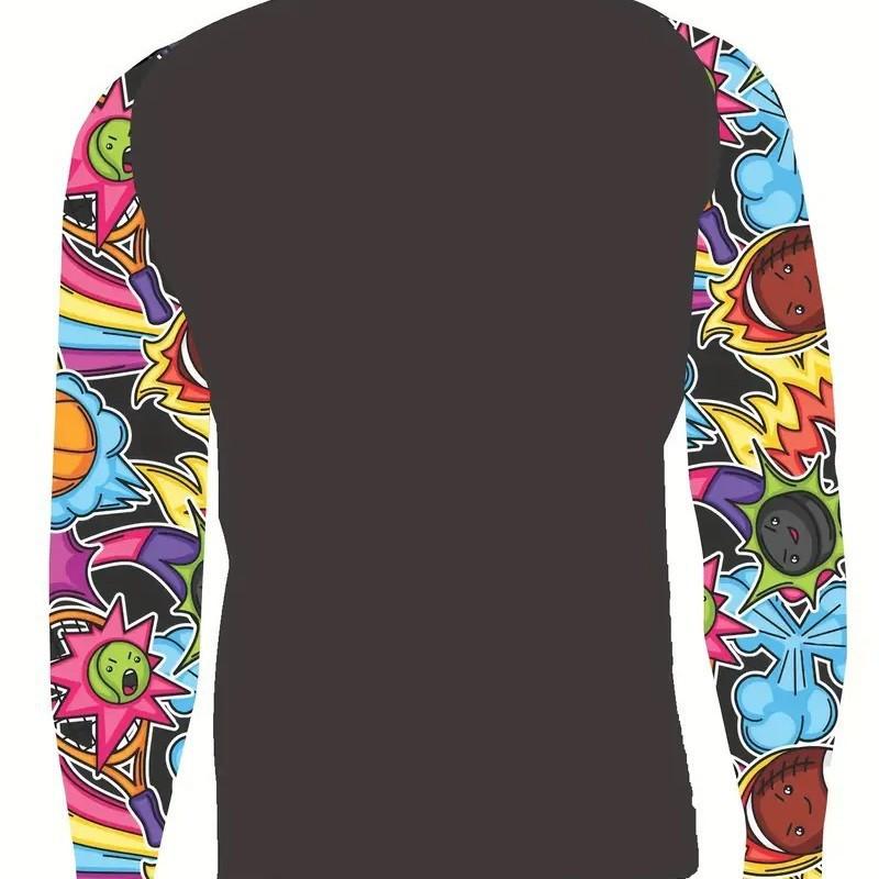 Mens Black Turtleneck Long Sleeve UV Protection Shirt With Colorful Cartoon Print Outdoor Sports Surfing