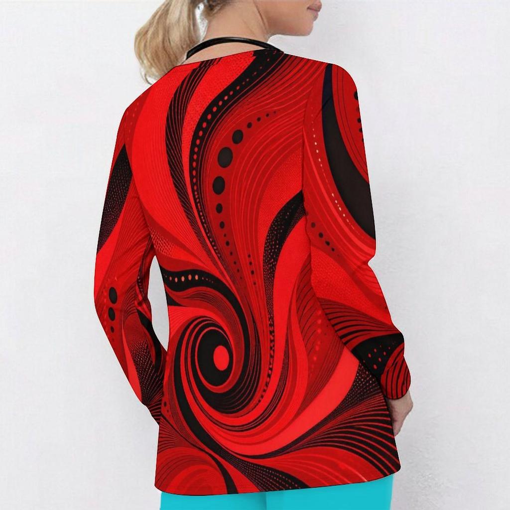 Women Plus Size Teal Black Gold Marble Printed Nurse Scrub Top V Neck Long Sleeve With Front Pockets