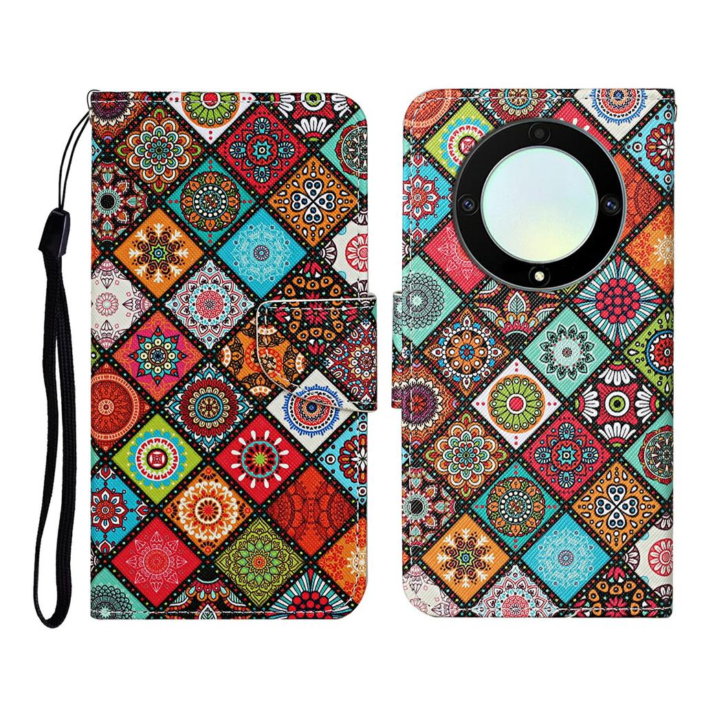 For Honor Magic5 Lite 5G/X9a 5G Case Pattern Printing Protective Leather Folio Phone Cover with Wrist Strap