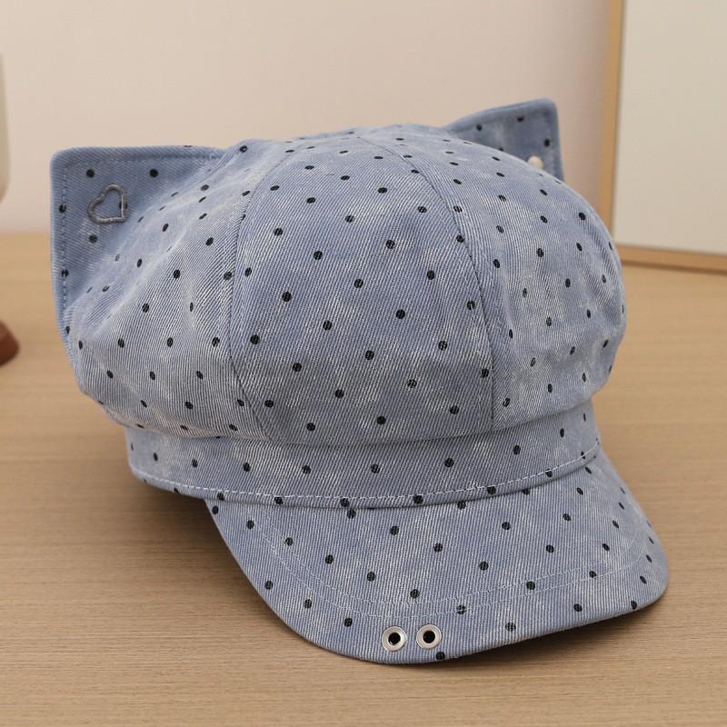 Cute Cat Ear Beret Hat Women - Vintage Octagon Cap With Polka Dots Wide Brim Adjustable Fit Fall Fashion