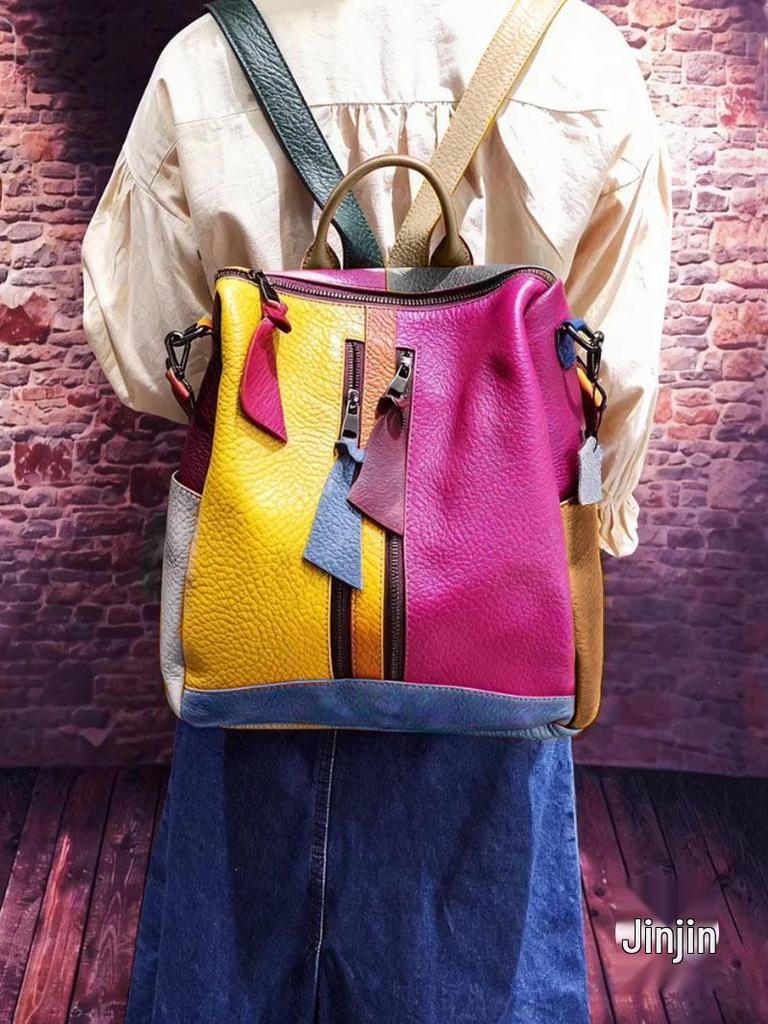 Ретро Кожаная Пэчворк Цветной Блок Сумка для Телефона и Рюкзак с Двойным Ремешком