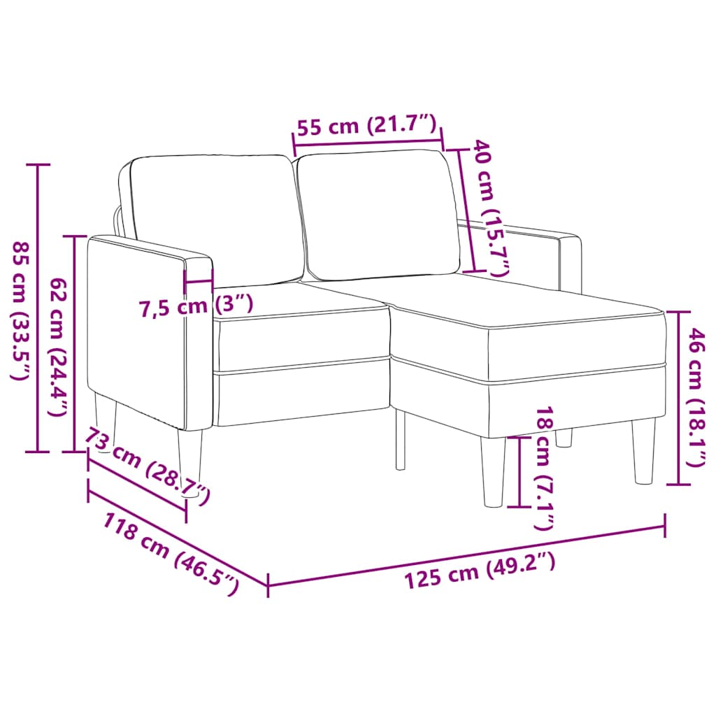 2 Seater L Shaped Sofa with Chaise Longue Cloud Grey 125 cm Fabric