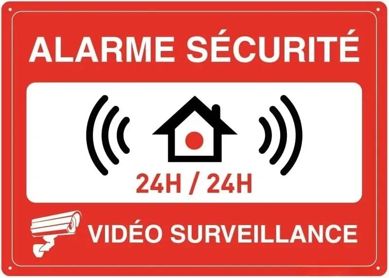 Жестяная табличка Hisun HD Жестяная табличка Двуязычное Предупреждение о безопасности Декор стены Ретро Французский Английский Видеонаблюдение Металлический плакат для Бизнеса Дома