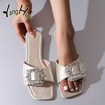 Шелковые и атласные стразы, элегантные и модные, летние, корейские, универсальные, 2024, женские сандалии и тапочки