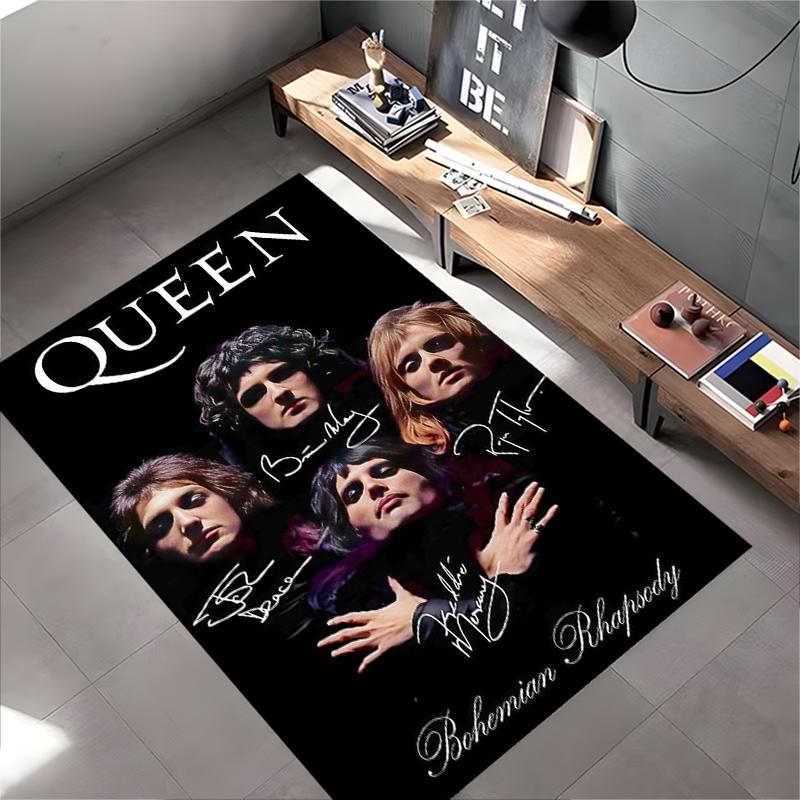 Area Rug, Queen Rock Band Freddie Mercury Bohemian Rhapsody Signatures Print, Man Cave Decor, Non-Slip Mat